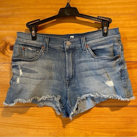 7 For All Mankind High Rise Distressed Denim Stretchy Jean Shorts - Picture 1 of 7